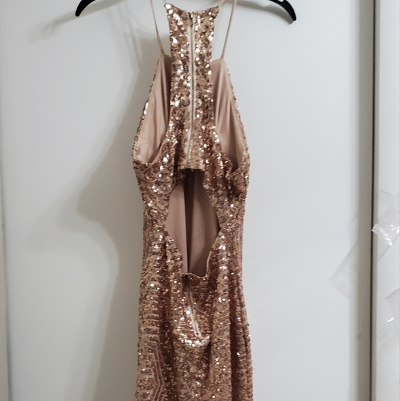 Golden Champagne Sequined Glitter Cutout Evening Mini Dress 👗 - Picture 4 of 15